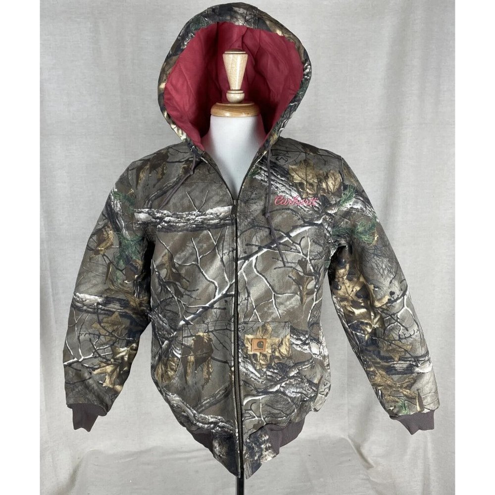 Carhartt WOMENS Canvas Camo Realtree Pink Quilted Lined Hooded Jacket Coat Sz L